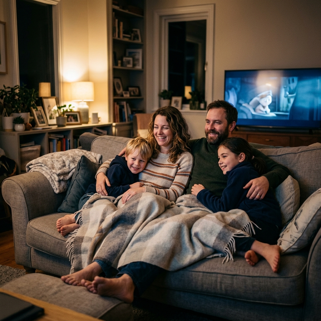 Parent and child enjoying a safe movie night together