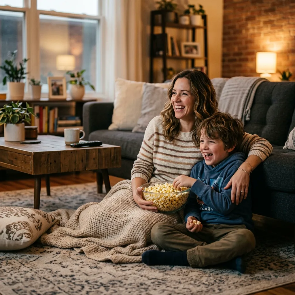 Mother and son laughing together with popcorn